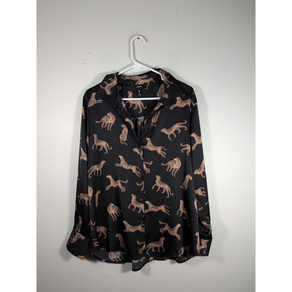 Aqua Bloomingdales Top Black With Brown Leopards Button Up Blouse Large